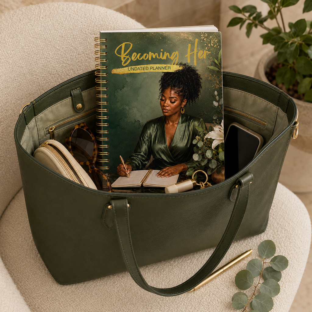 Becoming Her Healing Life Undated Planner displayed in a stylish tote bag with coordinating accessories